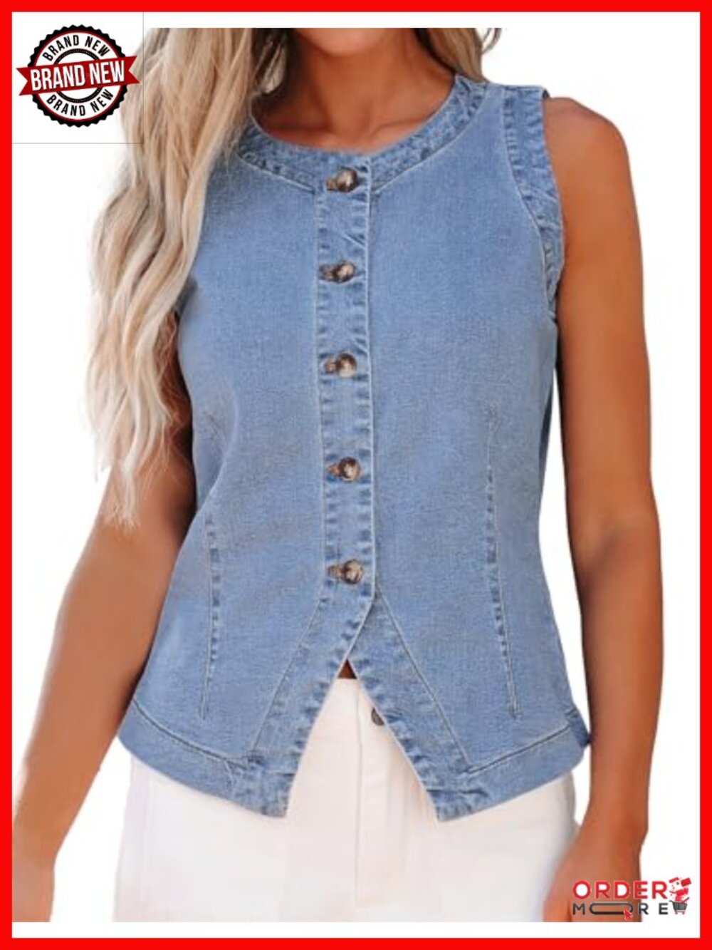 Sleeveless Denim Vest Button Down Crewneck Casual Summer Waistcoat